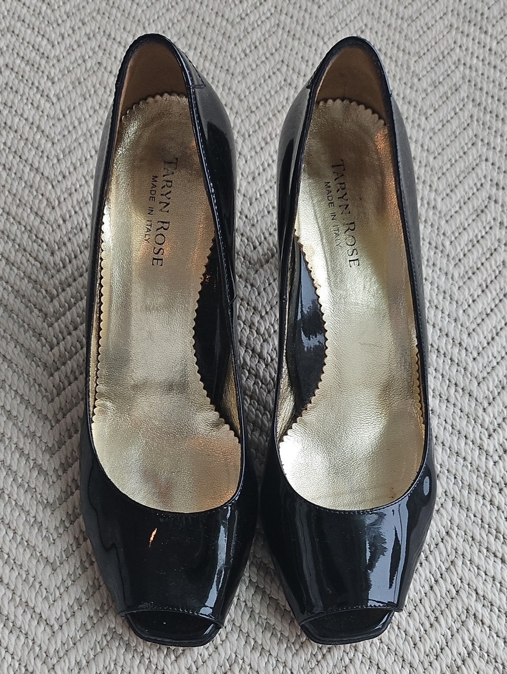 Taryn Rose Black Patent Peep-Toe Pumps with Gold Insole